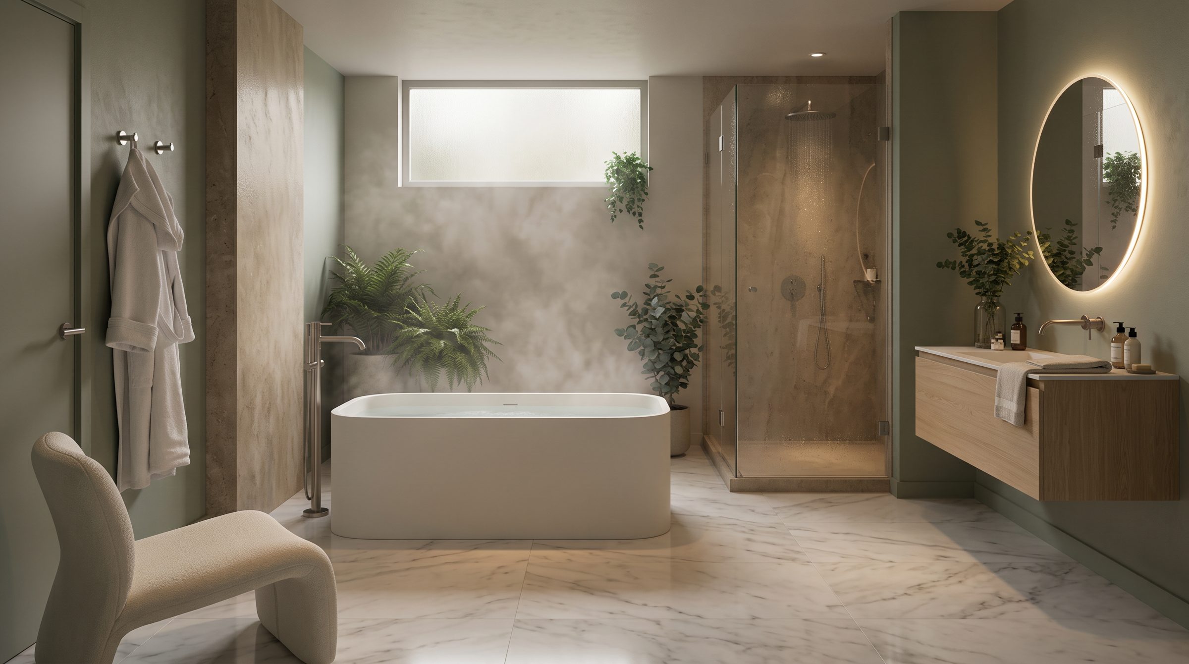 First Steep: a white freestanding tub with sage walls and a backlit mirror