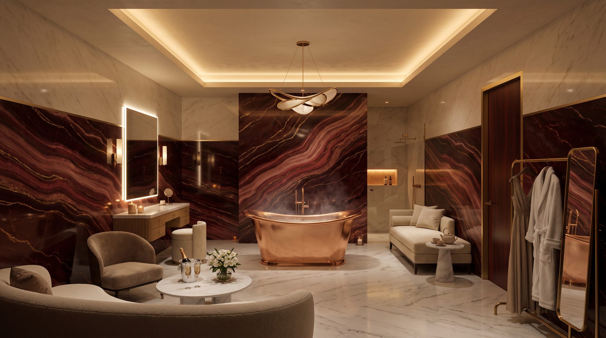 Full Pour: a copper slipper tub against a red gold-veined marble wall under a glowing tray ceiling