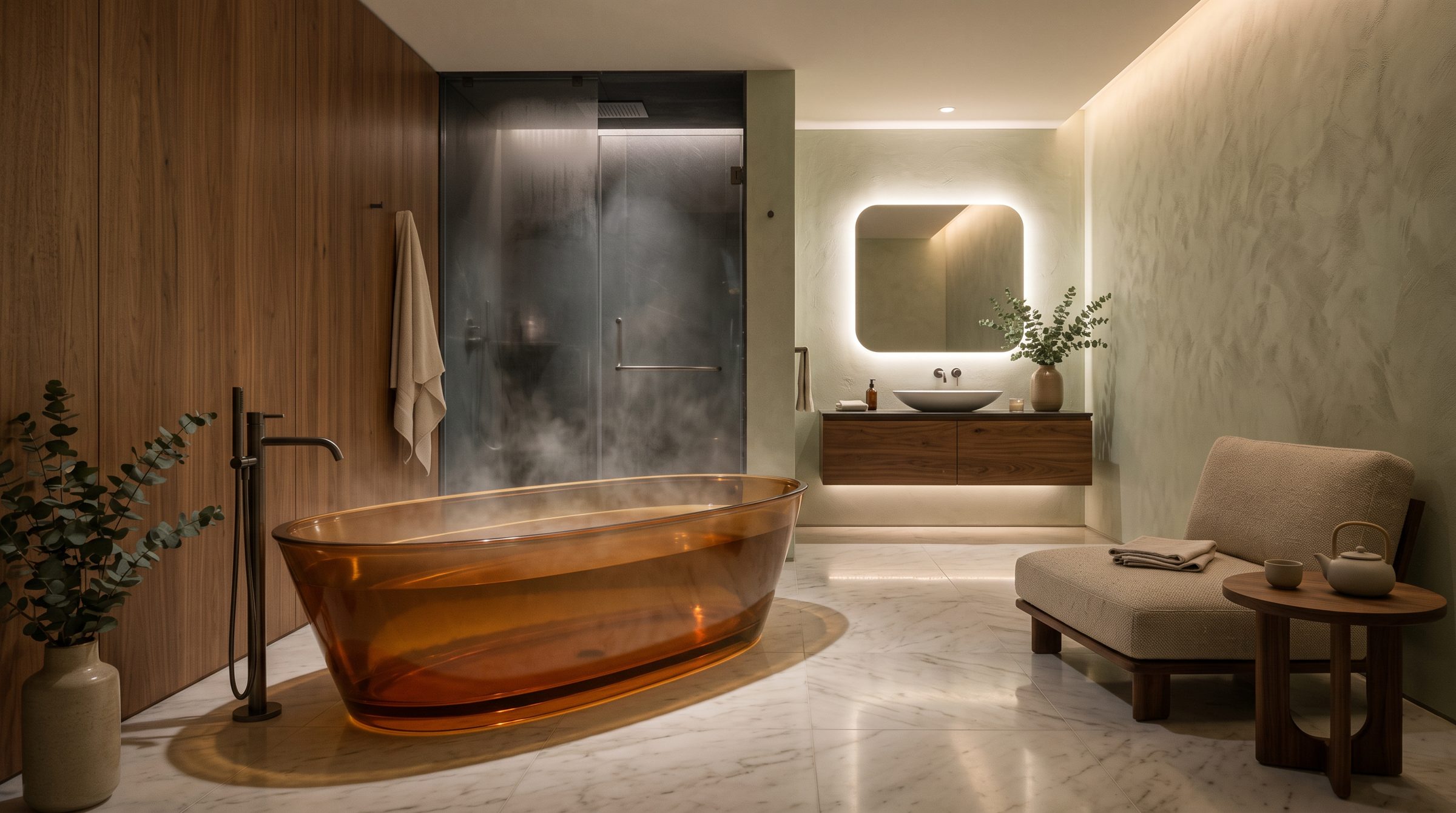 Long Soak: an amber translucent tub beside a walnut wall
