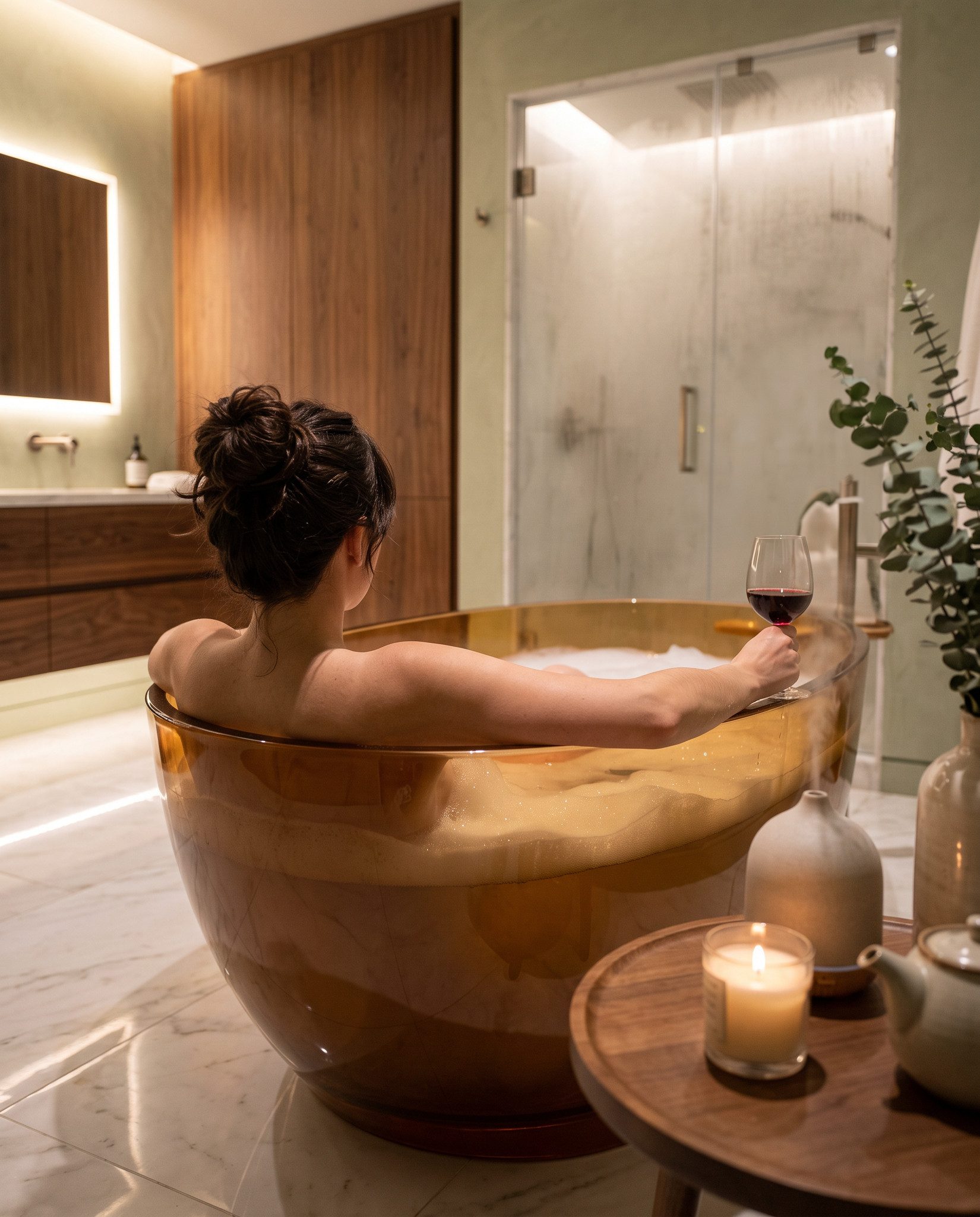 A woman relaxing in an amber soaking tub with a glass of red wine, a diffuser and candle beside her