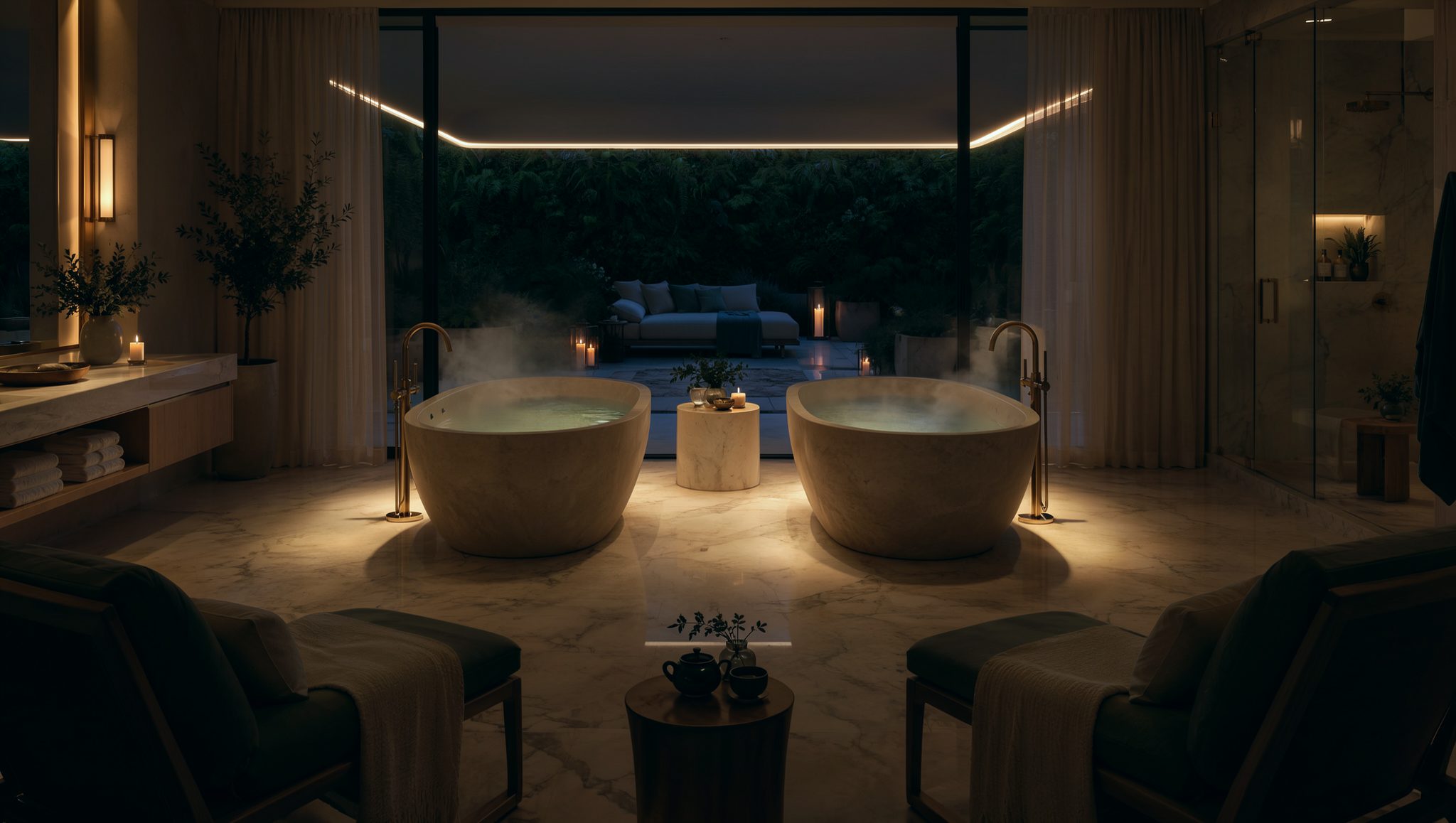 Shared Pot: two steaming stone tubs facing a candlelit indoor garden courtyard at night